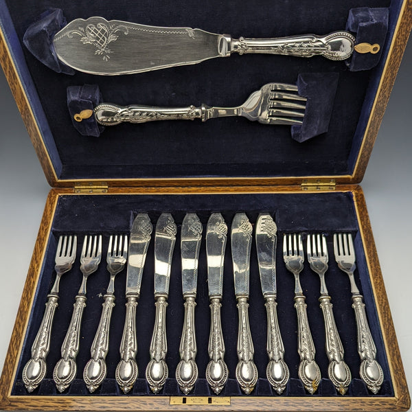 1929年 英国ヴィンテージ 純銀(925シルバー) ハンドル フィッシュカトラリー6x2&サーバセット CH Beatson 木箱入り
